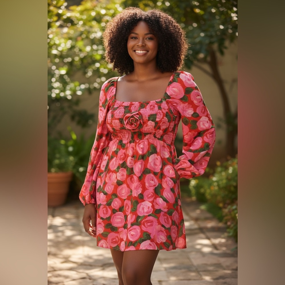 Show Me Your MuMu Pink Rose Print Long Sleeve Mini Dress